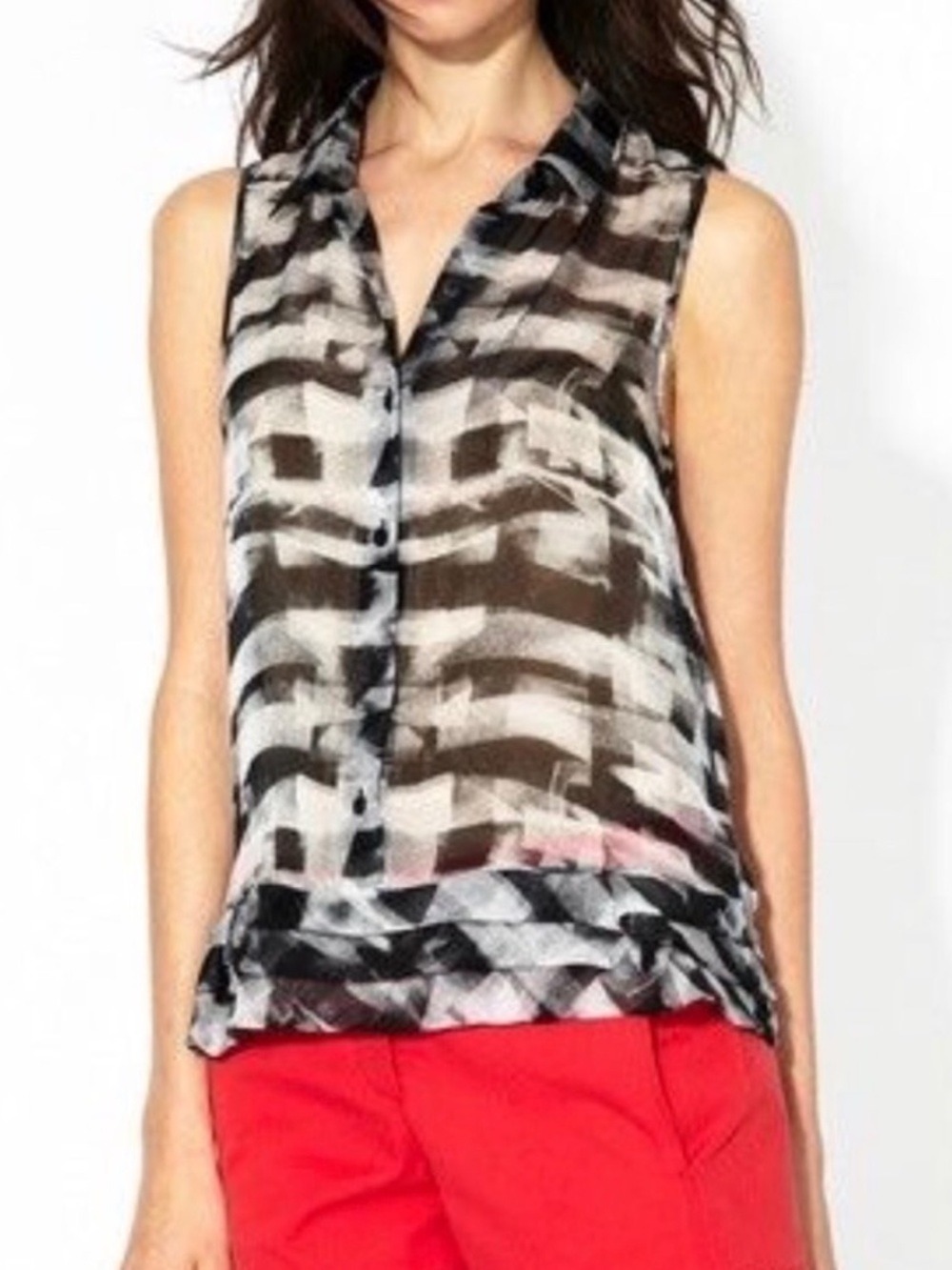 Theory Masida Silk Blouse Cubist Plaid Gray Black Sheer Ruffle Size Small